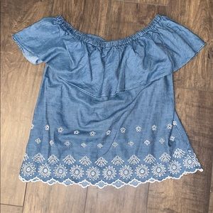 Chambray denim off the shoulder top.